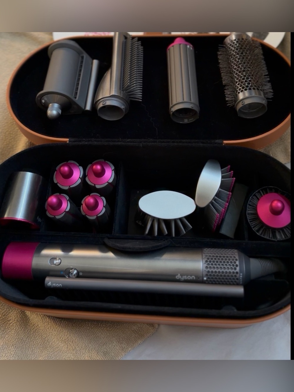 COMPLETE Dyson Multi-Tool Hair Styler Set in Silver and Magenta with Tan Case